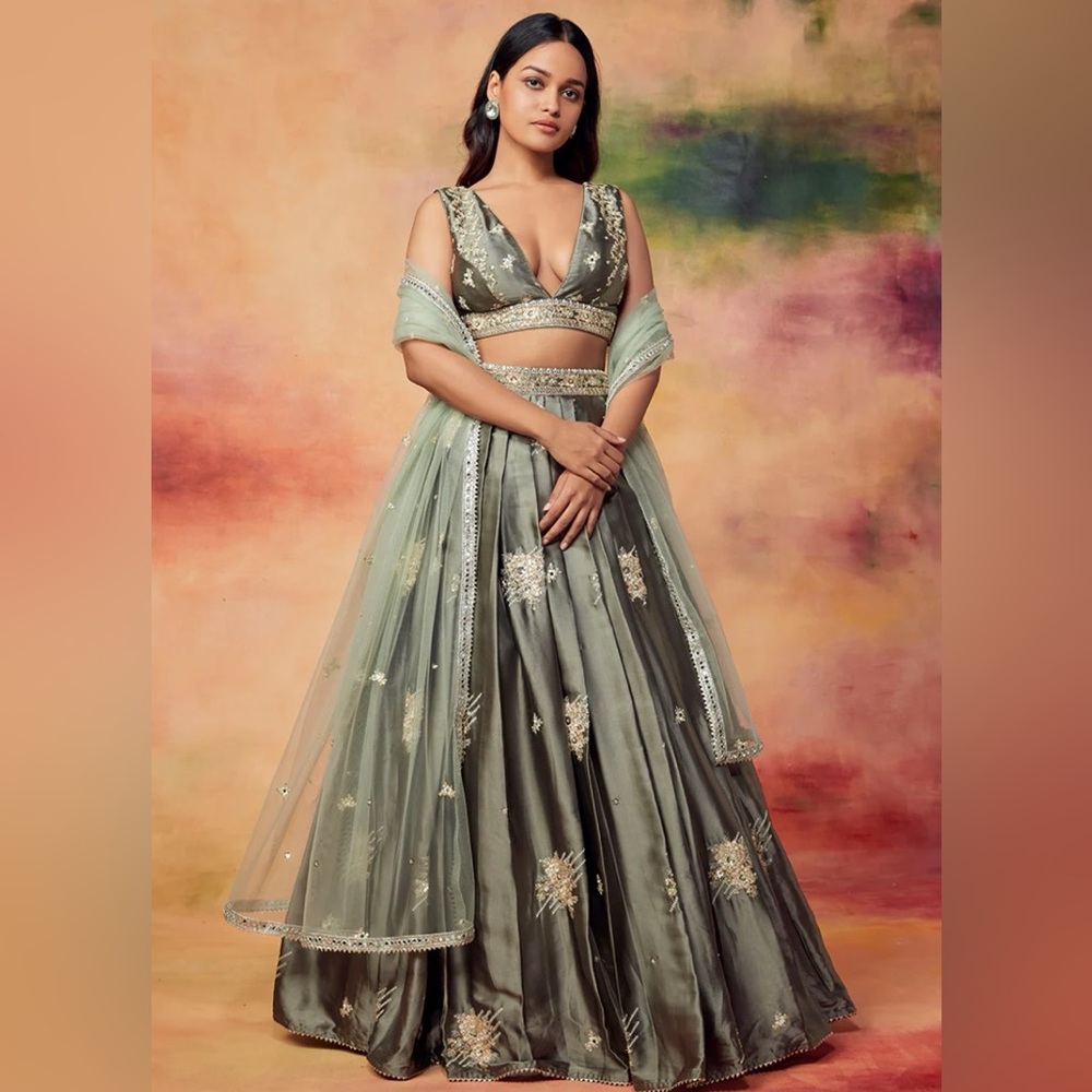 Laashkara Dusty Olive Embroidered Satin Lehenga Set
